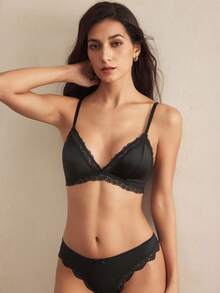 Charlaine Women's Contrast Lace Solid Color Fashion Bra Without Padding For Everyday Wear Casual - Black - View 4