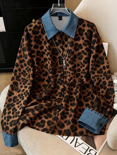 GlowEve Áo sơ mi dài tay cổ bẻ họa tiết da báo dành cho nữ, kiểu dáng thường ngày.