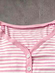 SHEIN EZwear Camiseta básica de mujer de manga corta a rayas, para uso diario casual - Rosa - Ver 3