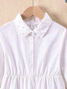 SHEIN Conjunto de 3 piezas para niña preadolescente que incluye: chaleco con decoración de perlas, camisa vestido casual de manga larga blanca y 1 bolso bandolera, set para otoño/invierno - Rosa - Ver 7