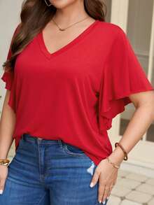 Rosumi Plus Size Women's Red Ruffle Sleeve T-Shirt, Smart Casual Vacation,Solid Color Country Western Style T-Shirt For Summer Holiday - Red - View 7
