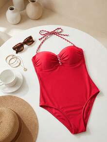 SHEIN Swim Chicsea 女士无肩带文胸式纯色连体泳衣 - 紅色 - 查看 2