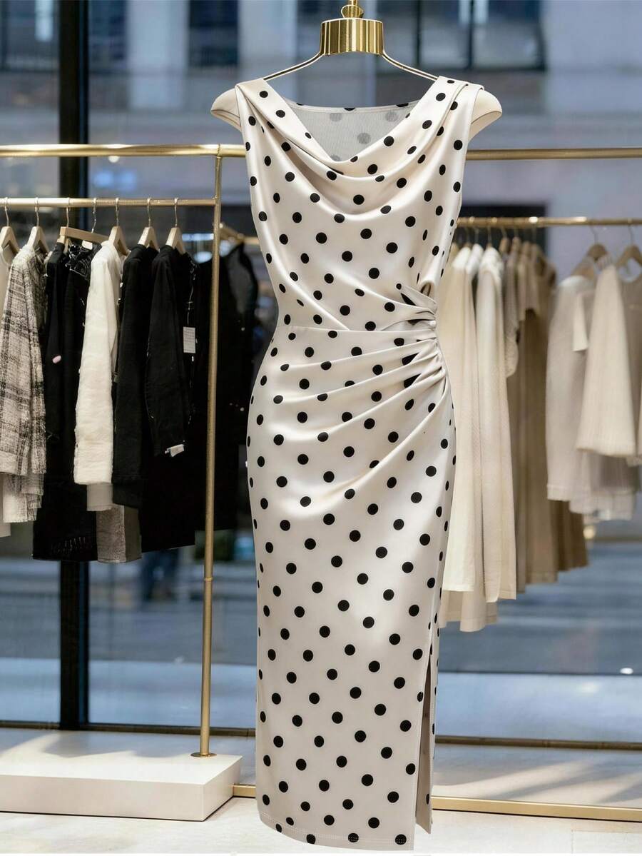 Franclia 女士优雅浪漫缎面波点印花无袖褶皱连衣裙，适合春夏外出和约会 - 米色 - 查看 1