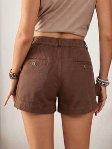 EMERY ROSE Quần short denim mùa hè màu trơn cỡ lớn, kiểu dáng tối giản, có túi. - Cà phê nâu - Xem 2