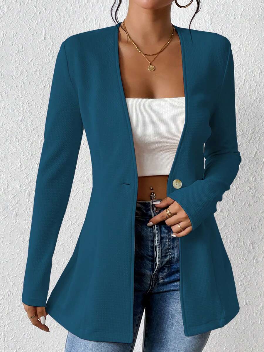 EMERY ROSE Women's Casual Textured Unlined Collarless Lightweight Long Sleeve Blazer - Mint Blue - View 1