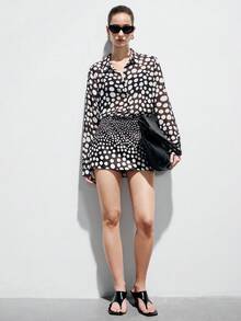 Aveloria Modichic Black & White Polka Dot Print Button-Front Sheer Blouse And Mini Skirt Set, Retro Elegant Chic Blouses For Women Work Business Casual Women Tops Designer Top Business Women Clothes Lightweight Sheer Mesh Fabric, Long-Sleeve With A Collar Design, Black Vintage Polka Dots With A Gradient Of Varying Sizes, Fashionable For Commuting, Coordinated Set Styling, Elegant Temperament, Suitable For Afternoon Tea And Shopping. - Black and White - View 5