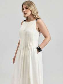 Maija 2026 春季新款大码优雅都市风白色条纹喇叭连衣裙，配黑色编织肩带，女士夏季服装，女士夏季连衣裙，最新款连衣裙，女士正装，女士褶裥连衣裙 - 米色 - 查看 4