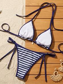 Swim Mod Women's New Striped Print Triangle Cup Bikini Set, Sexy Tie-Up Contrast Color Swimwear 2 Pieces - Navy Blue - View 2