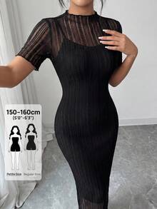 Modelyn Petite Women's Solid Color Mesh Patchwork Short Sleeve Fitted Elegant Long Dress - Black - View 1