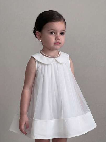 SHEIN Baby Girl Cute Preppy Style Loose Fit Peter Pan Collar Dress