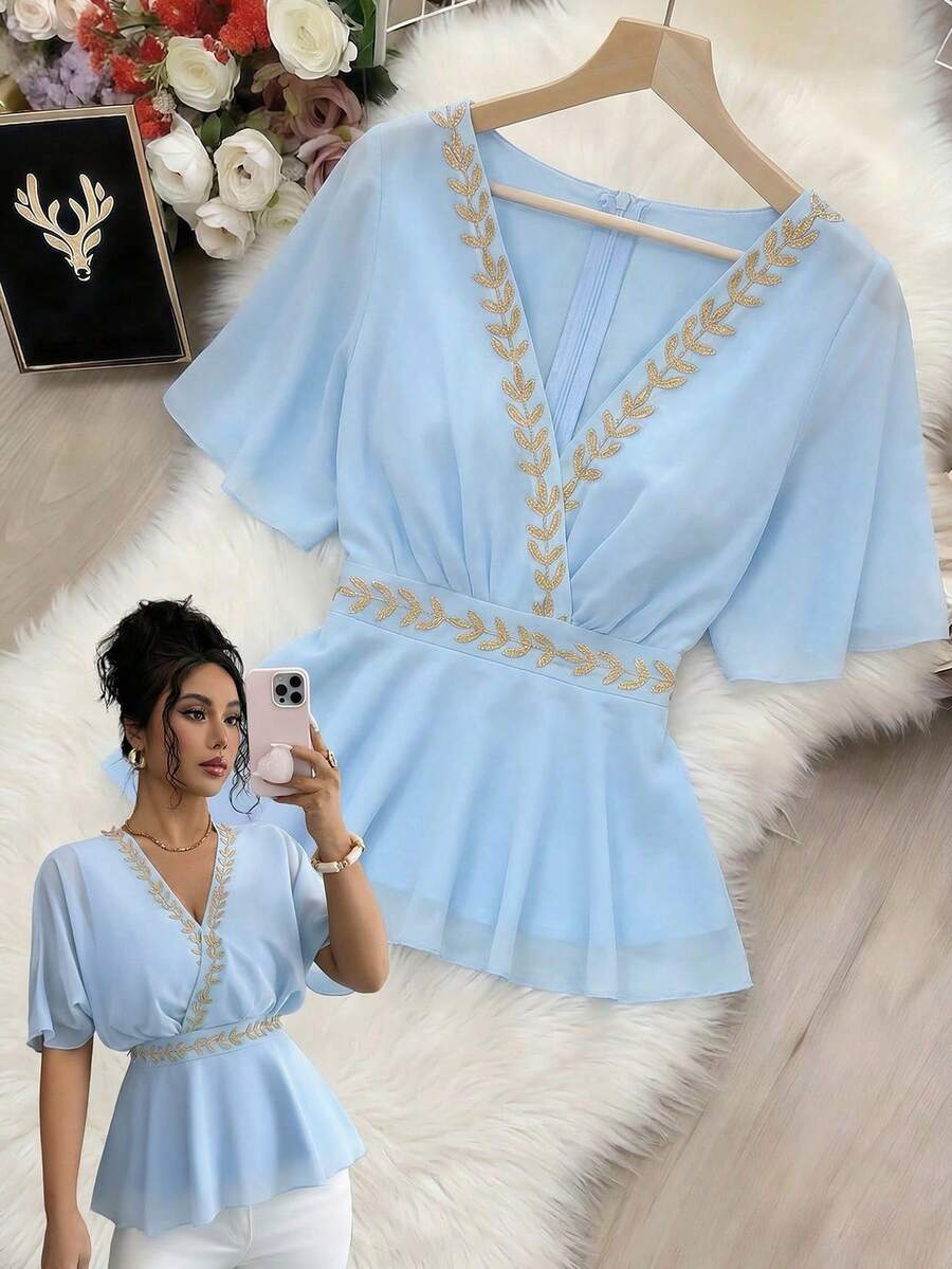 Elenzga Áo kiểu nữ màu xanh nhạt bằng vải chiffon, cổ chữ V, thêu chỉ vàng, dáng áo choàng, thắt eo, thích hợp cho các buổi tiệc và sự kiện buổi tối. - Màu xanh lam - Xem 1