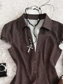 INAWLY 女士波点印花简约休闲短袖衬衫 - 棕色 - 查看 3