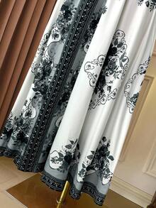 Rometta Vestido de vacaciones de manga de pétalo con cuello Mao y estampado floral para mujer de talla grande - Blanco y Negro - Ver 5