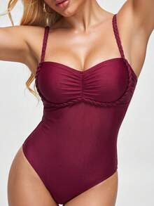 SHEIN DD+ Traje de baño de una pieza con volantes y parches para mujer, para vacaciones de verano en la playa. Traje de baño de mujer con cobertura completa y control de abdomen para natación - Burdeos - Ver 4