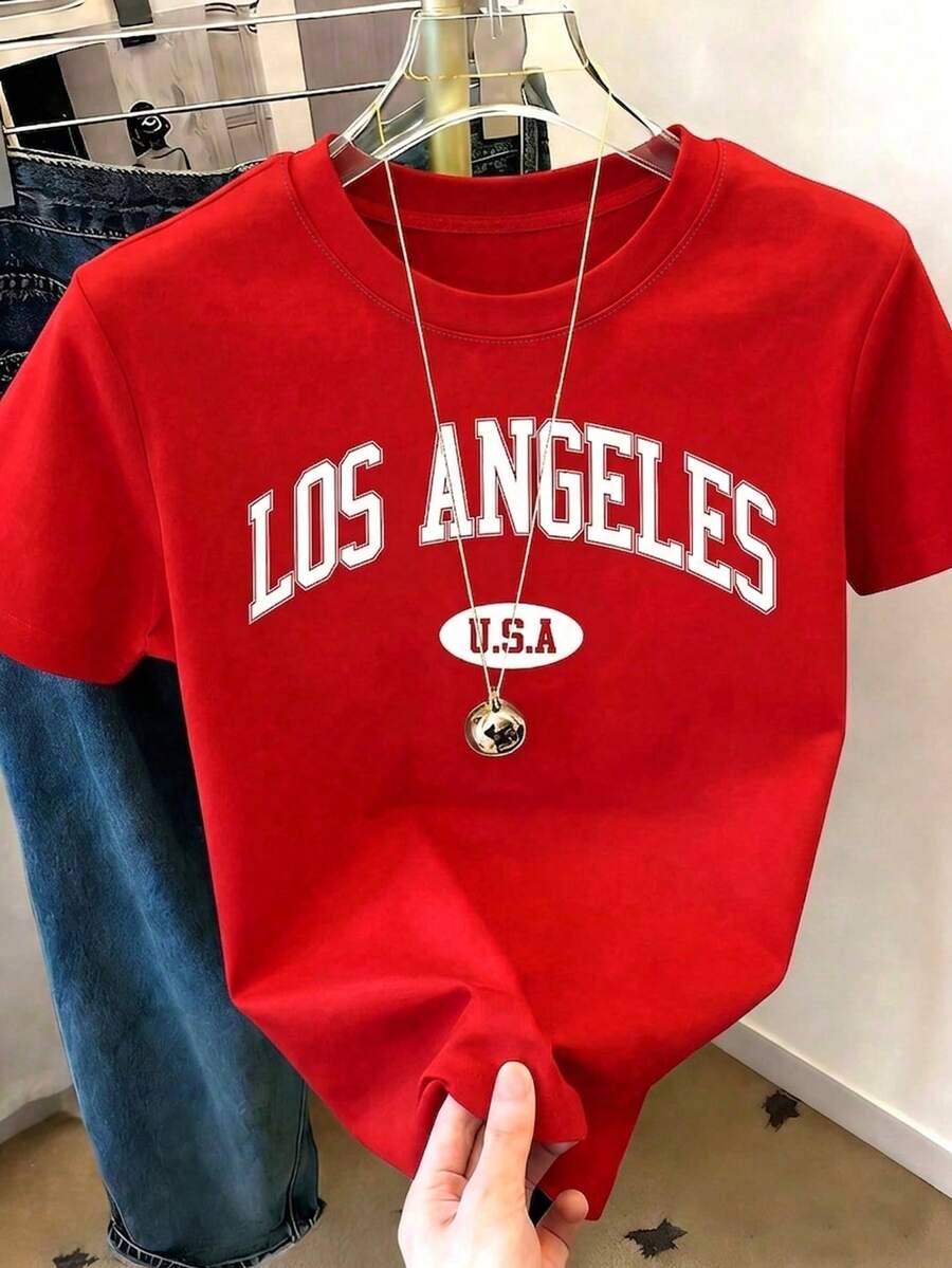 EMERY ROSE Áo thun cổ tròn in hình Lady Los Angeles - Đỏ - Xem 1