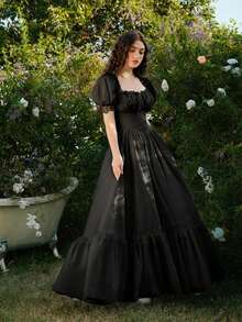 SHEIN MOD Plus Size White Maxi Lace Ruffled Victorian Vintage Maxi Dress, Party Dress, Prom Dress, Exquisite Craftsmanship - Black - View 8