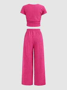 SHEIN Tween Girls Bow Ribbed Print T-Shirt & Long Pants Knit 2 Pieces Set, Casual Daily Fashion Versatile Tween Girl - Hot Pink - View 2