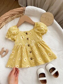 1-Piece Newborn Summer Cute Vacation Floral Pattern Bubble Short-Sleeve Square Neck Dress 1 Month Baby Girl Yellow Outfits For New Born Daisy Clothes - Yellow - View 5