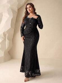 Coutiva Plus Size Elegant Beaded Fitted Evening Dress - Black - View 3