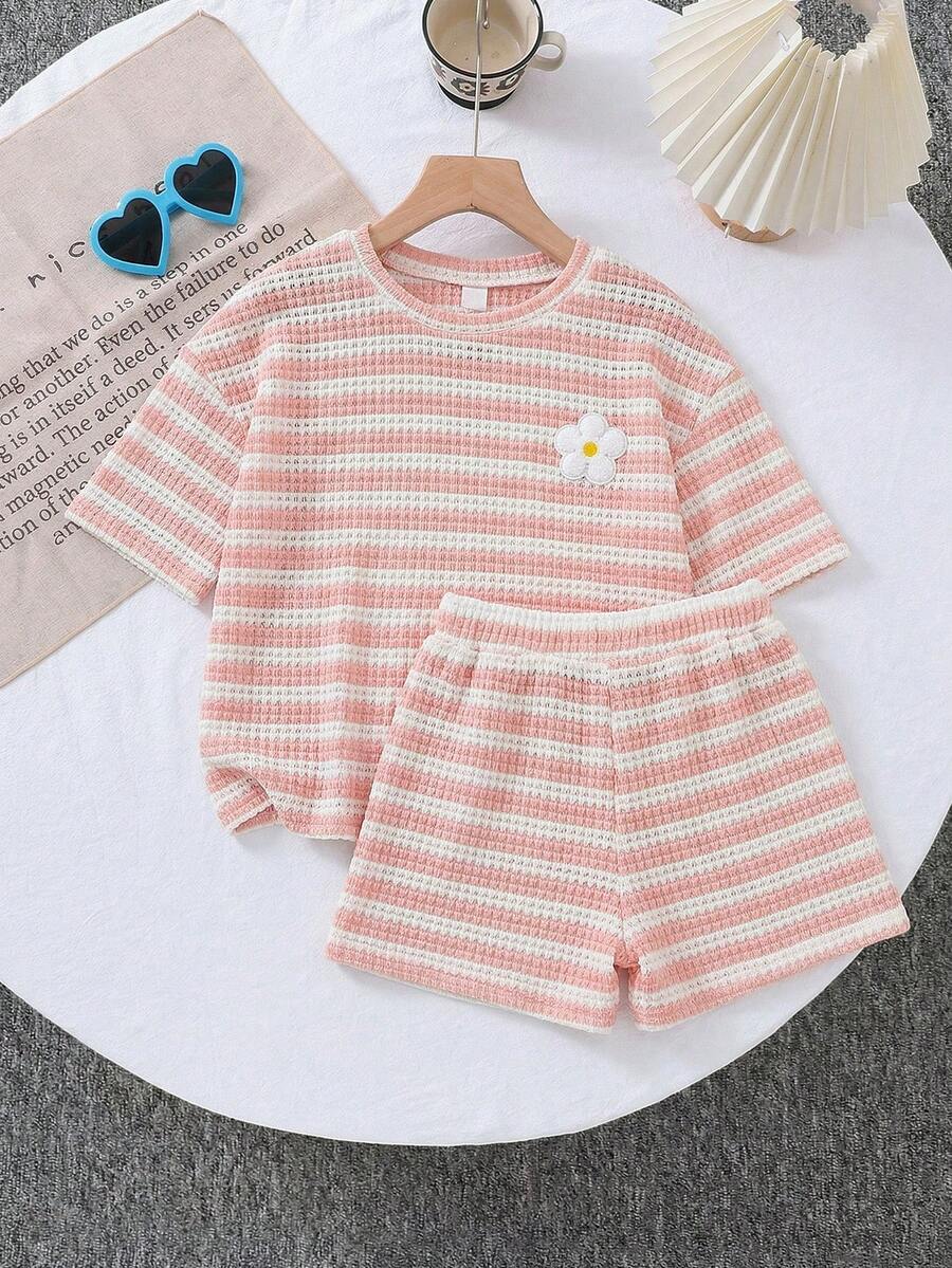 SHEIN LMoss Kids 2pcs Young Girl Knitted Solid Color Round Neck Loose T-Shirt And Fitted Shorts Set - Pink - View 1
