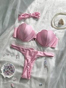 Swim Mod Bộ bikini gợi cảm màu trơn có dây đeo rời, cúp cứng họa tiết cánh hoa 2 mảnh - Hồng - Xem 4