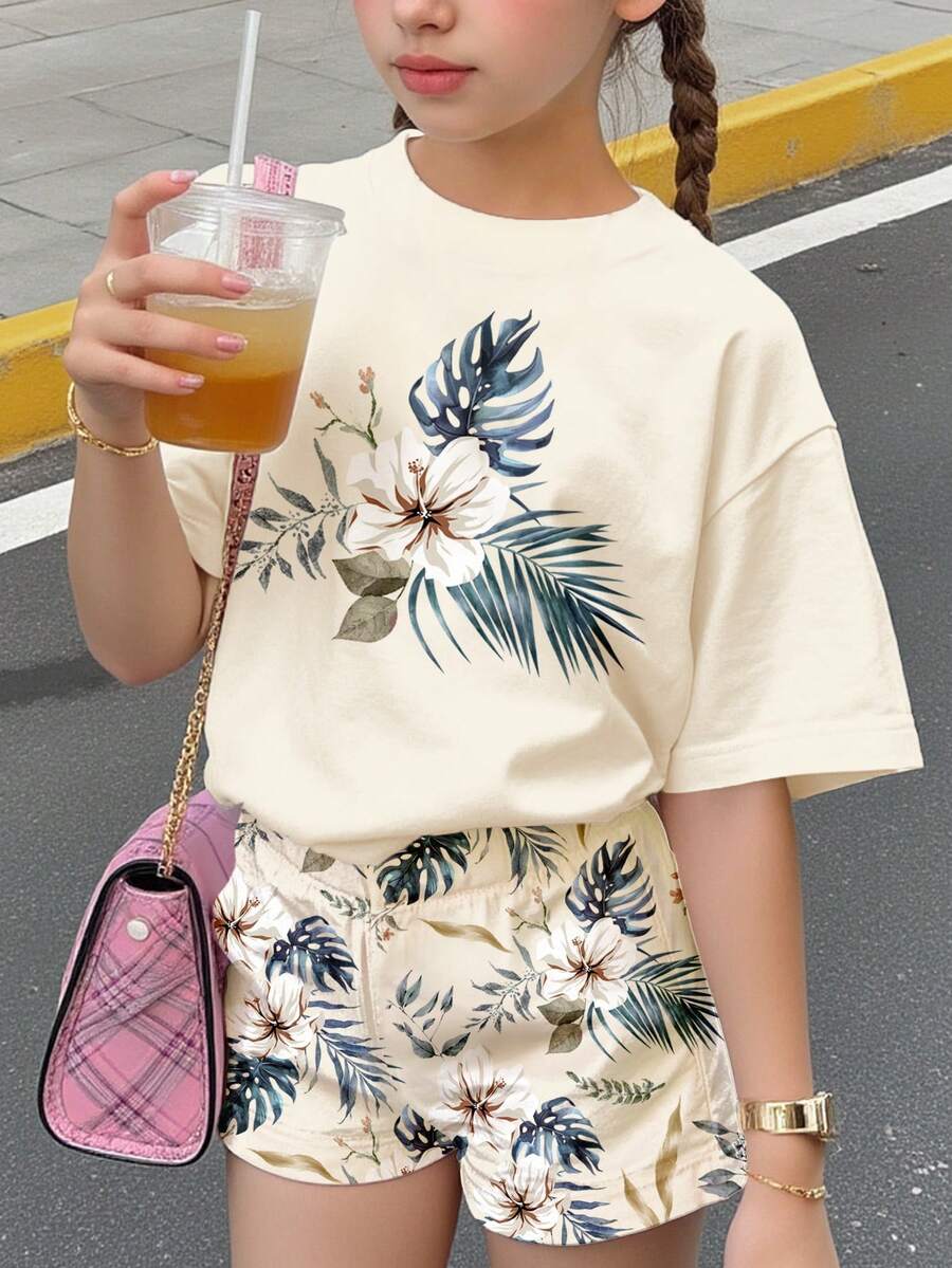 两件套休闲复古热带花卉印花短袖圆领T恤和短裤套装,适合春夏日常、居家、上学穿着,少女休闲时尚穿搭 - 彩色 - 查看 1