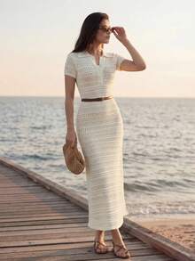 Briarwyn 女士度假休闲纯色镂空针织连衣裙，罩衫，白色连衣裙，沙滩裙，女士度假装，假日连衣裙，乡村风女士夏季服装，女士夏季钩针连衣裙，女士白色长款连衣裙，女士Polo衫连衣裙，女士腰带连衣裙，白色连衣裙，毕业典礼服装，毕业典礼 - 白色 - 查看 3