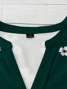 SHEIN JORESS Elegant French Floral Print V-Neck Linen Blend Ruffle Sleeve Blouse, Suitable For Commute, Casual, Vacation, Plus Size - Dark Green - View 6