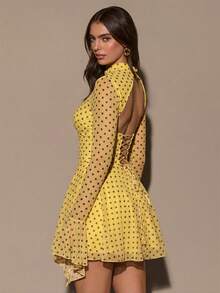 SHEIN BAE 立领插肩袖波点开衩迷你连衣裙 - 黃色 - 查看 2