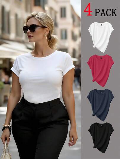 Easura Plus Size Women's Solid Color Round Neck Short Sleeve Casual Versatile T-Shirt