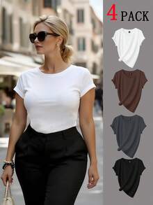 Easura 大码休闲百搭纯色短袖 T 恤，基本款 T 恤 - 彩色 - 查看 1