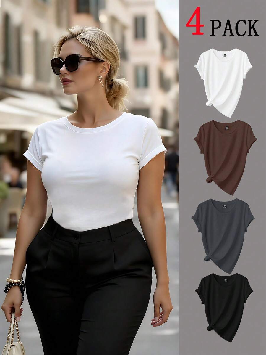 Easura 大码休闲百搭纯色短袖 T 恤，基本款 T 恤 - 彩色 - 查看 1