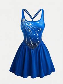 SHEIN Girlism Tween Girls' Blue And White Striped Summer Athletic Golf Sports Dress,Shiny Pattern Criss-Cross Racerback Casual Graduation Outfit For Outing,Holiday - Blue - View 3