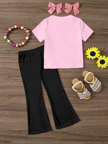 Elladie kids Spring And Summer Young Girl Casual Fashion Creative Personalized Refreshing Minimalist Cool Virtual Girl Group Pentagram Letter Slogan Graphic Print Casual T-Shirt And Flared Pants Set, Comfortable Daily Wear - Multicolor - View 2