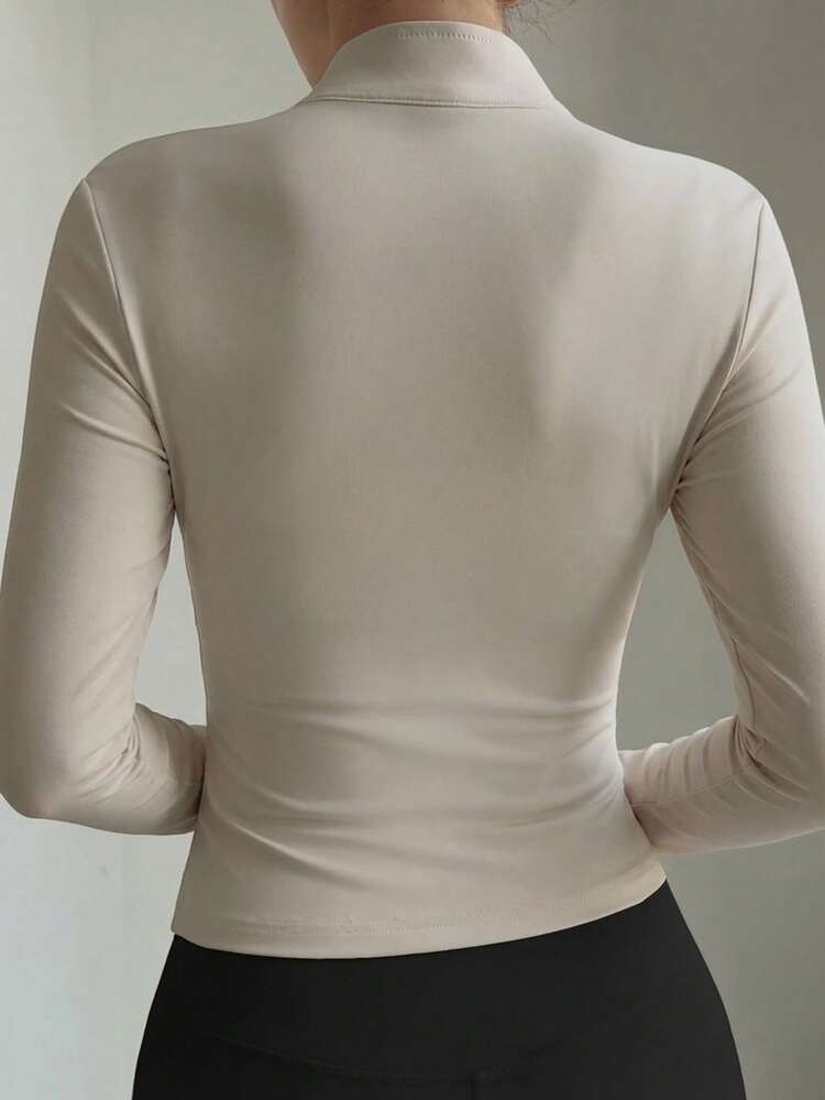 Women's Casual Solid Color Long Sleeve Fitted Zip-Up T-Shirt