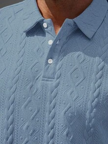 Manfinity Homme 男士夏季休闲纯色纹理 Polo 衫和短裤套装男两件套夏季男士两件套服装蓝色男士淡蓝色短裤套装男士两件套休闲短裤套装两件套男士套装蓝色，老钱风格 - 藍色 - 查看 4