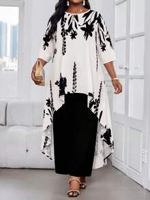 SHEIN Lady 2025新款女装两件套加大码商务通勤撞色印花不对称下摆上衣和裤子套装优雅夏季度假女装加大码两件套女装秋季女装 - 彩色 - 查看 5