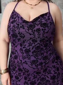 ROMWE Spring/Summer Plus Size Women Elegant Hippie Vintage Flocked Mesh Draped Neck Dress, Dark Purple Valentine's Day - Purple - View 4
