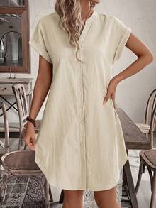 SHEIN Tall CURVE Plus Size Women Summer Casual Solid Color Single-Breasted Dress - Beige - View 6