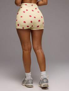 Musera Sport Strawberry High Waist Active Shorts Only Active Workout Gym Cute Pilates Fitness Daily Girly Casual Print - Butter Yellow - View 5
