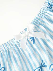 Bonmuse [Elegant Fields]2pcs Satin Striped Bow Print Short Sleeve Collar Top And Bow Shorts Women Pajama Set, Spring/Summerfor Summer - Blue - View 5