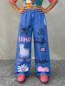 SHEIN Quần ống rộng dáng suông phong cách thường ngày cá tính dành cho bé gái tuổi teen, họa tiết chữ cái và nơ, chất liệu denim, phù hợp cho các bé gái trước tuổi teen, quần ống thẳng in hình graffiti, thời trang thường ngày, mặc hàng ngày. - Màu xanh lam - Xem 1