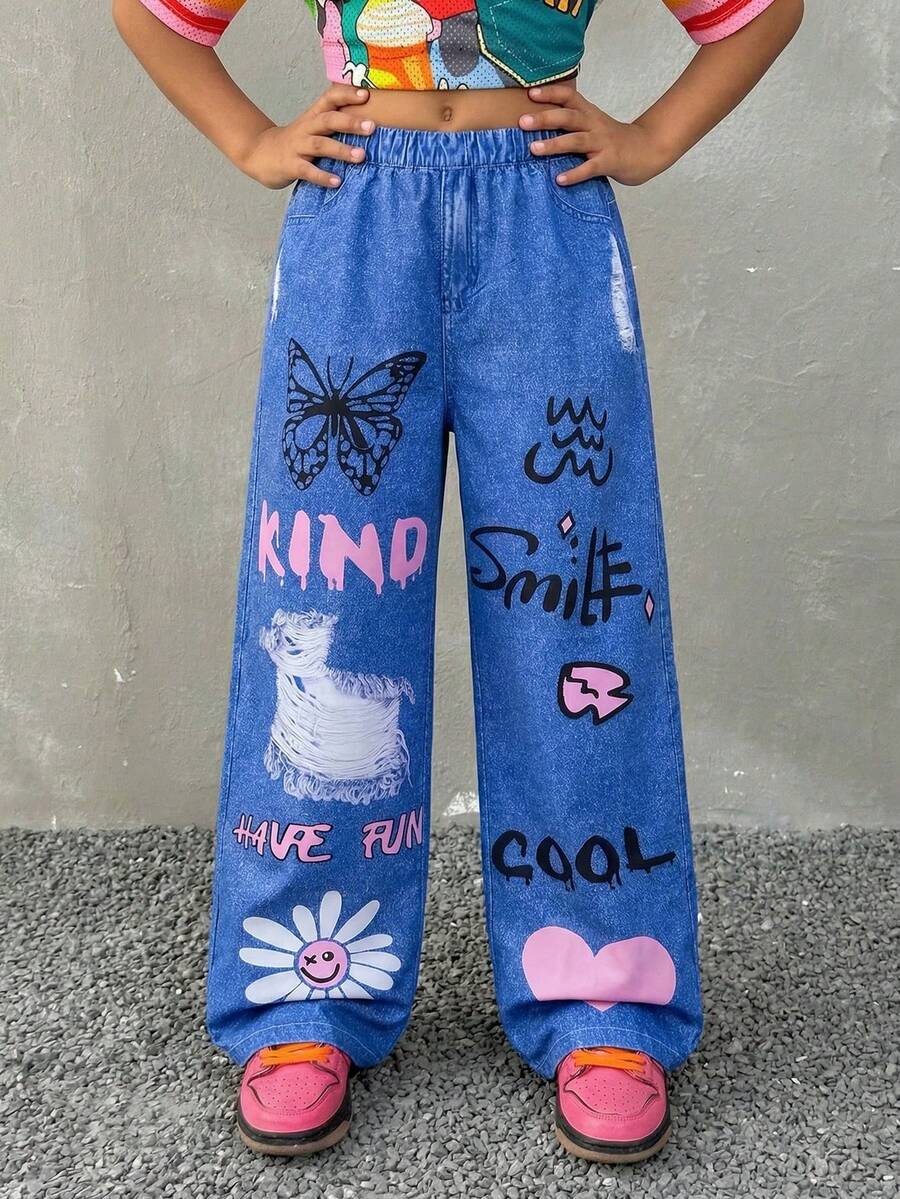 SHEIN Quần ống rộng dáng suông phong cách thường ngày cá tính dành cho bé gái tuổi teen, họa tiết chữ cái và nơ, chất liệu denim, phù hợp cho các bé gái trước tuổi teen, quần ống thẳng in hình graffiti, thời trang thường ngày, mặc hàng ngày. - Màu xanh lam - Xem 1