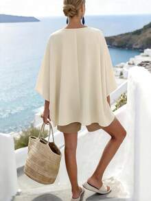 SHEIN Holidaya 夏季户外海滩度假休闲优雅V领短袖上衣和短裤两件套，适合日常穿着、通勤、商务办公等多种场合。 - 彩色 - 查看 2