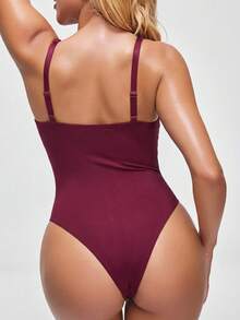 SHEIN DD+ Traje de baño de una pieza con volantes y parches para mujer, para vacaciones de verano en la playa. Traje de baño de mujer con cobertura completa y control de abdomen para natación - Burdeos - Ver 2