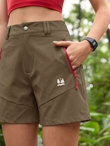 SHEIN In My Nature Pantaloncini casual da donna con stampa botanica e tasche con zip, abbigliamento da esterno per escursioni e campeggio, pantaloncini cargo da donna per attività all'aperto - Cachi - Visualizzare 7