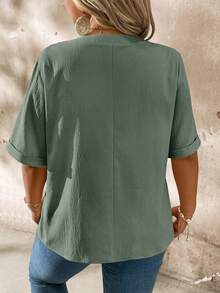 EMERY ROSE Plus Size Casual Notched Collar Wood Button Decor Short Sleeve Shirt - Olive Green - View 2