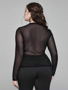 ROMWE Plus Size Gothic Bat Wing Flocked Texture Sexy Cutout Long Sleeve Top For Women - Black - View 2