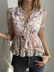 Livesso Damblus med krage och puffärm, volangkant och heltäckande tryck - Rosa - Visa 3