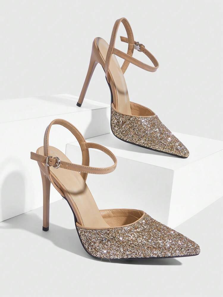 CUCCOO SZL Women Shoes Women's Pointed Stiletto Apricot Shiny Glitter Ankle Strap Buckle Temperament Elegant Fashion Sexy Women's High Heels Shoes Slingback Shoes Suitable For Parties, Parties, Banquets And Other Occasions Women's Shoes